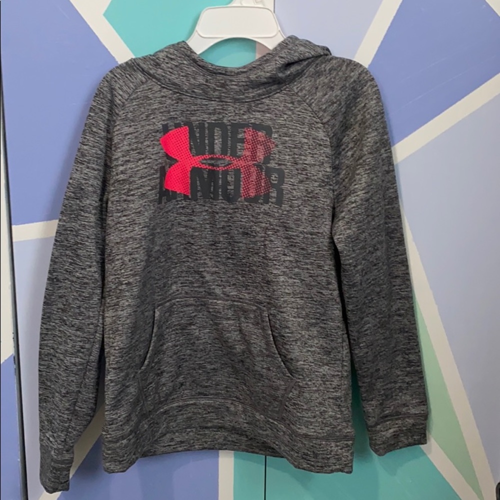 Dark grey Under Armour hoodie with pink logo.